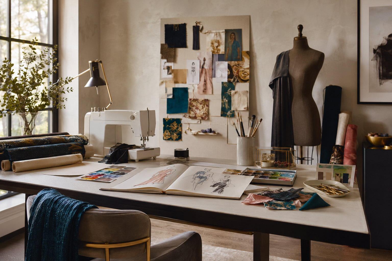 A contemporary House of LaDore creative workspace with textiles, fashion sketches, watercolor paints, a sewing machine, and a dress form
